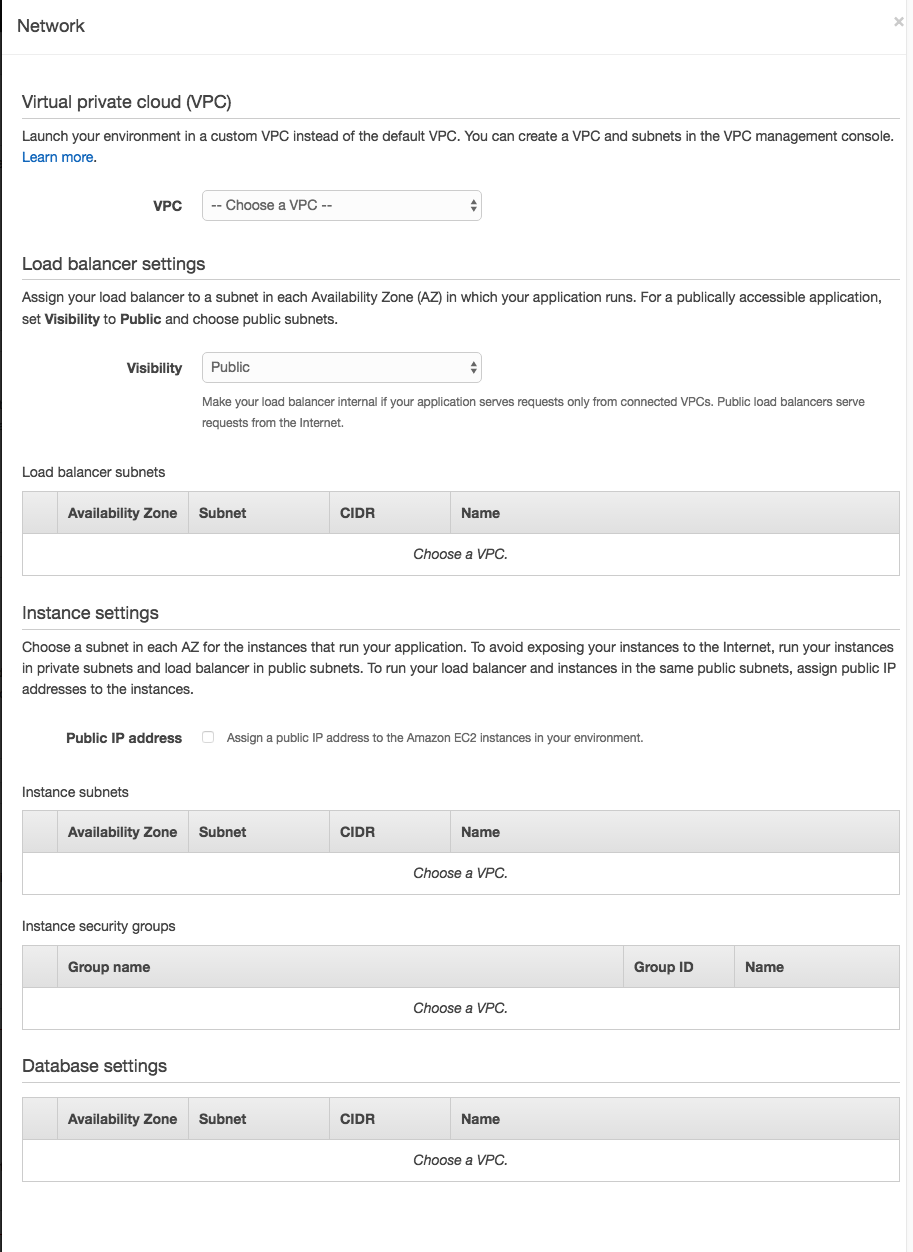 Elastic Beanstalk VPC Settings