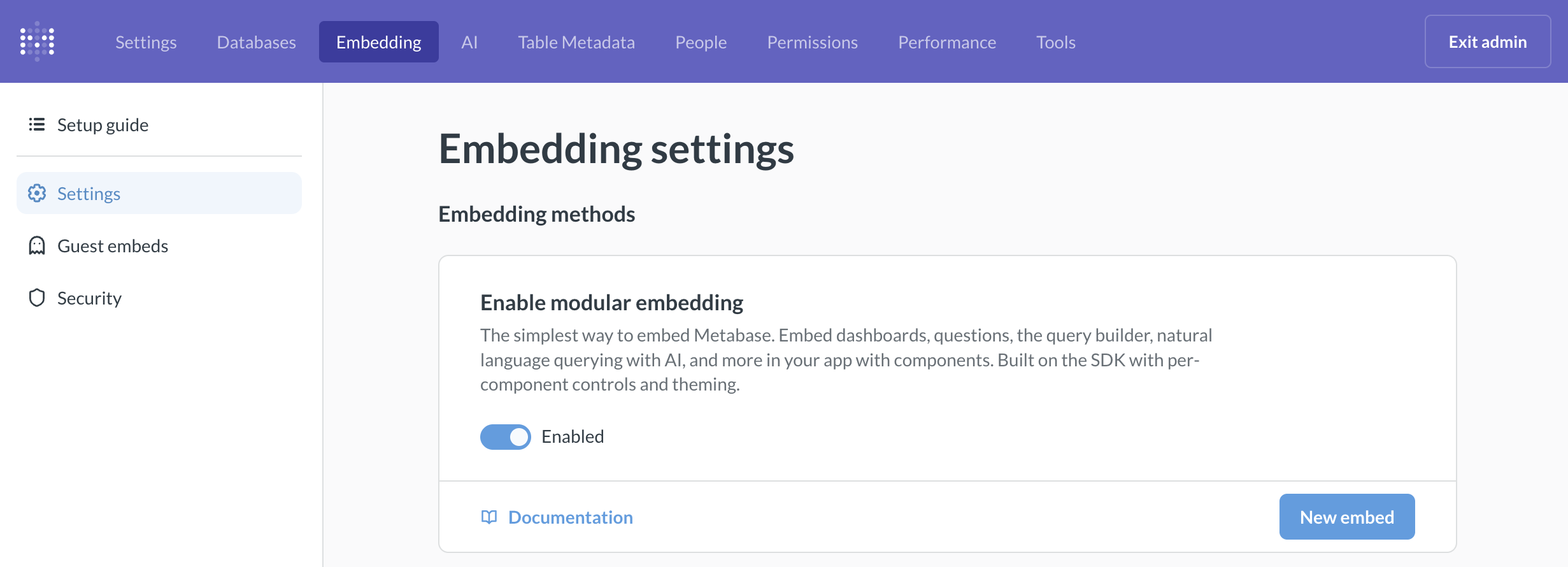 New modular embed from the admin settings