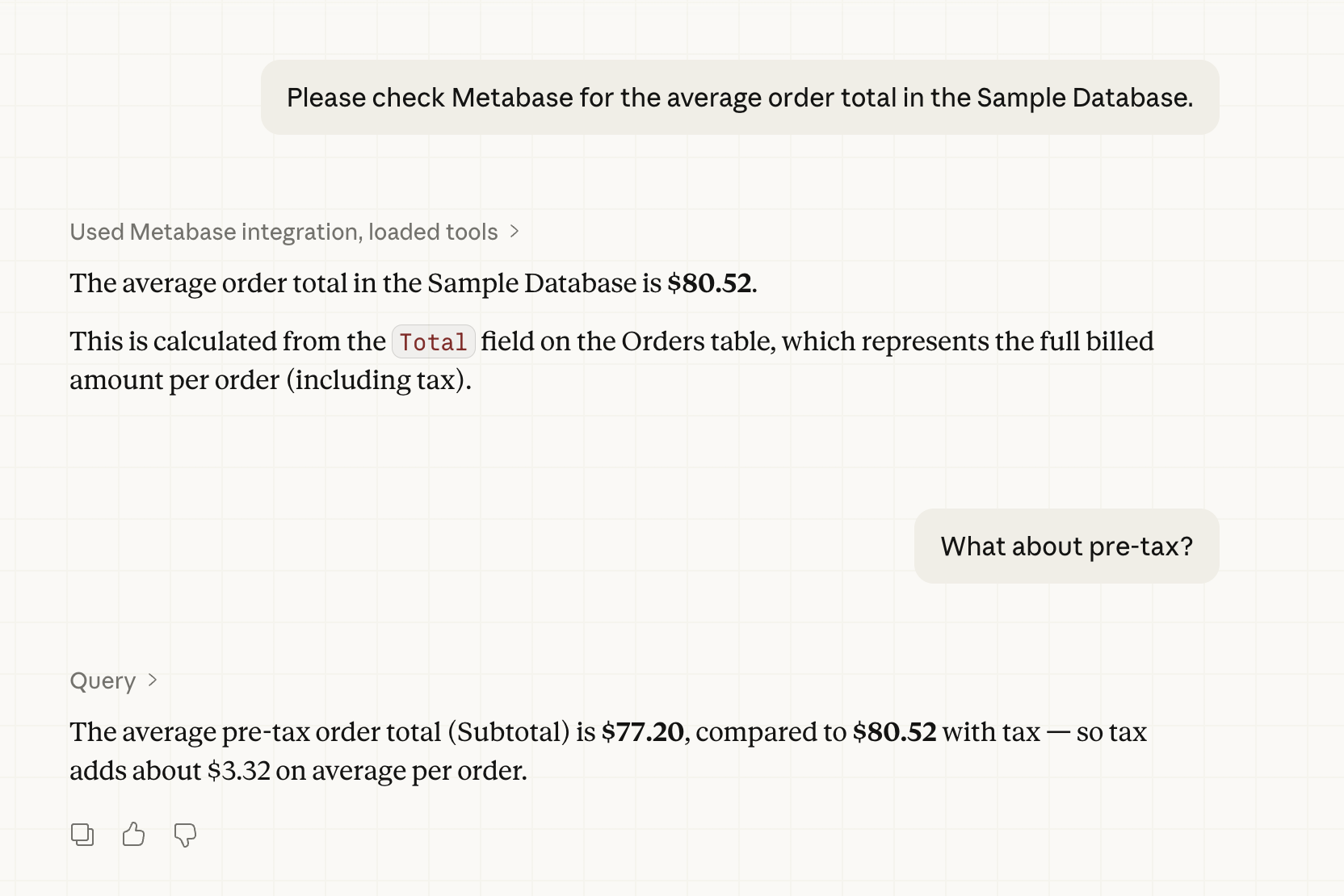 A metric viewed through an MCP client connected to Metabase