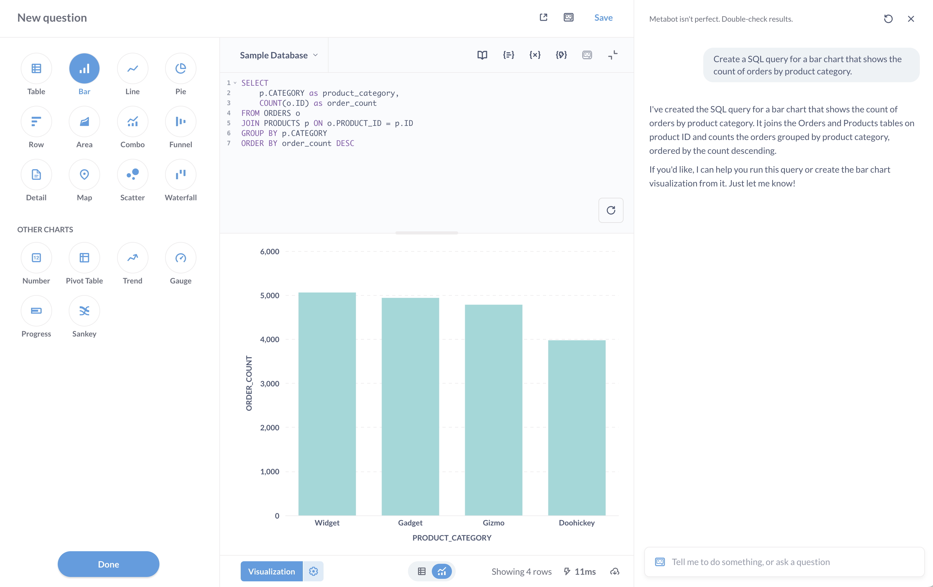 Metabot will generate SQL from a highlighted prompt in natural language